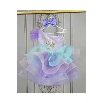 Kız Çocuk Lila Deniz Konsepti Deniz Kabuğu Figür İşlemeli Tek Omuz Kabarık Gelinlik Elbise