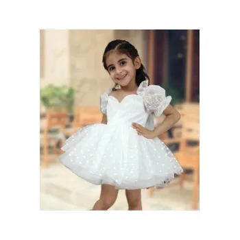 Kız Çocuk Elbise Beyaz Puantiyeli Flok Tül Kalp Detaylı Prenses Kol Kabarık Elbise