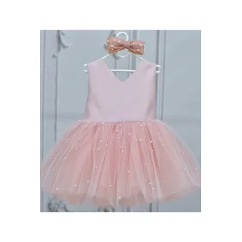 Kız Çocuk Pudra Saten V Yaka İncili Kabarık Elbise