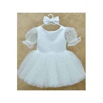 Kız Çocuk Beyaz Saten İncili Kabarık Elbise