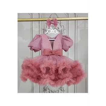 Kız Çocuk Abiye Bordo Parıltılı Fırfır Detaylı Kabarık Gelinlik Elbise