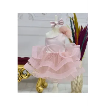 Kız Çocuk Pudra Saten Parla Grenli Tek Omuz Kabarık Elbise