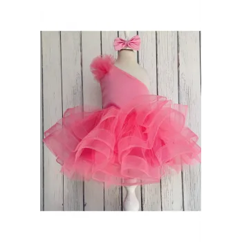 Kız Çocuk Pembe Saten Parla Grenli Tek Omuz Kabarık Elbise