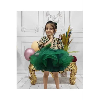 Kız Çocuk Zümrüt Yeşili Payet Desenli Bej Grenli Kabarık Elbise