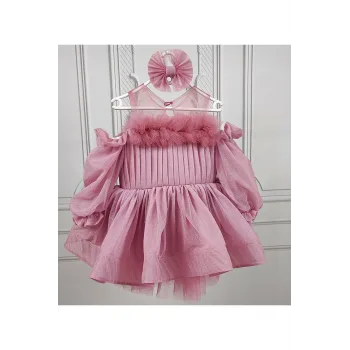 Kız Çocuk Gül Kurusu Parıltılı Üstü Tül Detaylı Kabarık Elbise