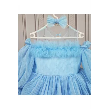 Kız Çocuk Bebe Mavisi Parıltılı Üstü Tül Detaylı Kabarık Elbise