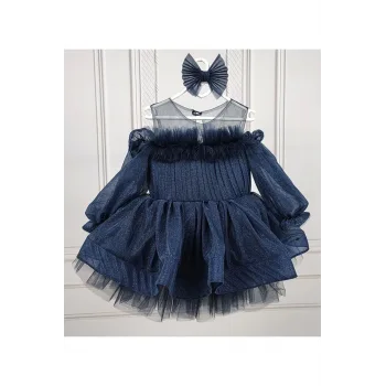 Kız Çocuk Lacivert Parıltılı Üstü Tül Detaylı Kabarık Elbise