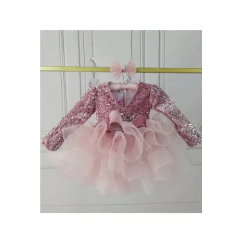 Kız Çocuk Pudra Payetli V Yaka Kabarık Elbise