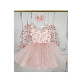 Kız Çocuk Pudra Şeffaf Üst Flok Tül Tütü Kabarık Elbise