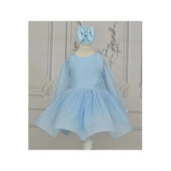 Kız Çocuk Bebe Mavisi Parıltılı Uzun Kol Kabarık Elbise