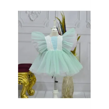 Kız Çocuk Su Yeşili Kelebek Payetli Kabarık Parıltılı Elbise