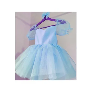 Kız Çocuk Bebe Mavisi Balon Kalp Detaylı Kısa Kol Elbise