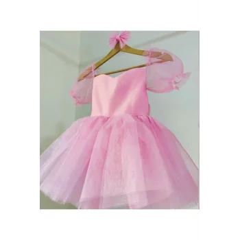 Kız Çocuk Şeker Pembesi Kalp Detaylı Balon Kısa Kol Elbise