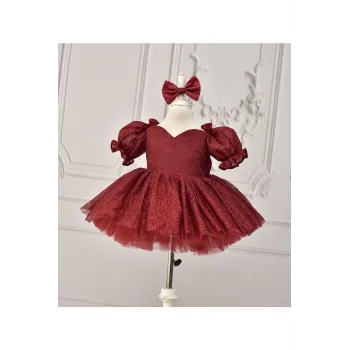 Kız Çocuk Bordo Parıltılı Kabarık Kalp Detaylı Balon Kol Elbise Abiye