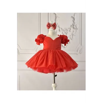 Kız Çocuk Kırmızı Parıltılı Kalp Detaylı Balon Kol Elbise