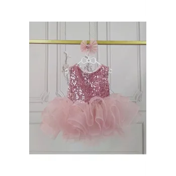 Kız Çocuk Pudra Payetli Sıfır Kol Grenli Kabarık Parıltılı Elbise