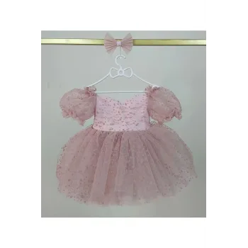 Kız Çocuk Pudra Flok Tüllü Prenses Kol Kalp Detaylı Kabarık Elbise