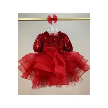 Kız Çocuk Kırmızı Payetli Prenses Kol Arka Dekolteli Kabarık Elbise