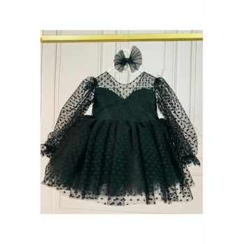 Kız Çocuk Siyah Flok Tül Kalp Detaylı Kabarık Elbise