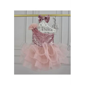 Kız Çocuk Pudra Kadife Payetli Grenli Tek Omuz Kabarık Elbise