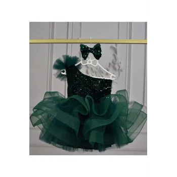 Kız Çocuk Zümrüt Yeşilli Payetli Kadife Grenli Tek Omuz Kabarık Elbise