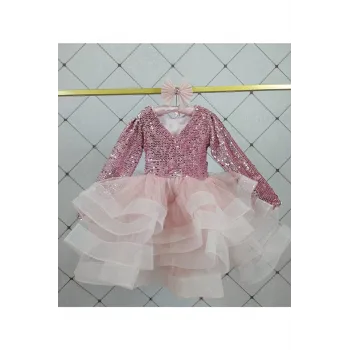 Kız Çocuk Pudra Payetli Kadife Ekstra Kabarık Arka Dekolteli Elbise