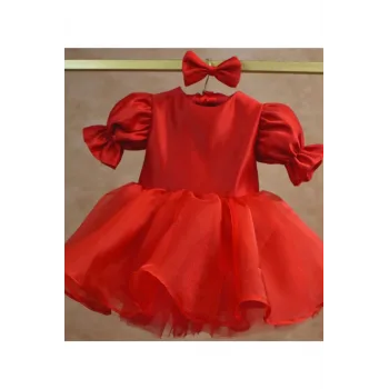 Kız Çocuk Kırmızı Janjan Parıltılı Etekli Prenses Kol Detaylı Kabarık Elbise
