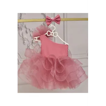 Kız Çocuk Gül Kurusu Saten Grenli Tek Omuz Kabarık