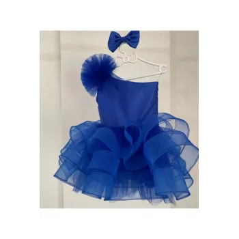 Kız Çocuk Saks Mavisi Saten Grenli Tek Omuz Kabarık Elbise