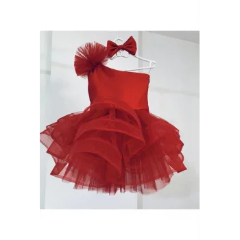 Kız Çocuk Kırmızı Saten Parla Grenli Tek Omuz Kabarık Elbise