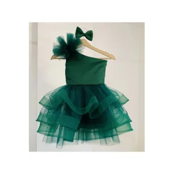 Kız Çocuk Zümrüt Yeşili Saten Parla Grenli Tek Omuz Kabarık Elbise