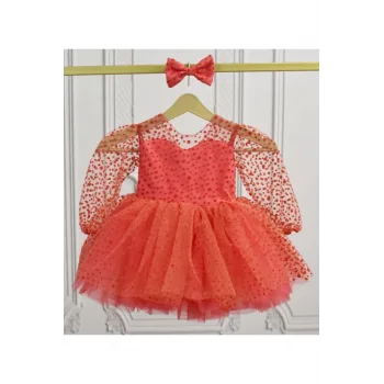 Kız Çocuk Nar Çiçeği Şeffaf Üstlü Flok Tüllü Kabarık Elbise