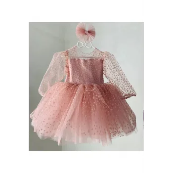 Kız Çocuk Pudra Şeffaf Üstlü Flok Tüllü Kabarık Elbise
