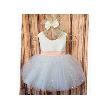 Kız Çocuk Beyaz Incili Somon Kemerli Kabarık Elbise