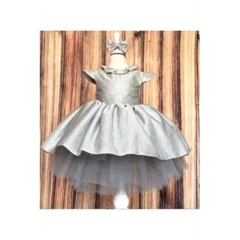 Kız Çocuk Gri Parıltılı Arka İnci Detaylı Kabarık Elbise