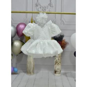 Kız Çocuk Krem Taşlı Boncuklu Kabarık Kısa Balon Kol Parıltılı Elbise