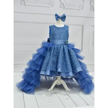 Kız Çocuk İndigo Parıltılı Kabarık Kuyruklu Tam Boy Abiye Gelinlik