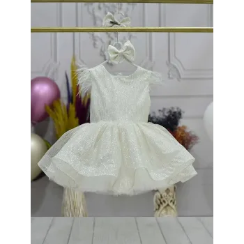 Kız Çocuk Bej Parıltılı Simli Arkası İnci Detaylı Gren Etekli Kabarık Elbise