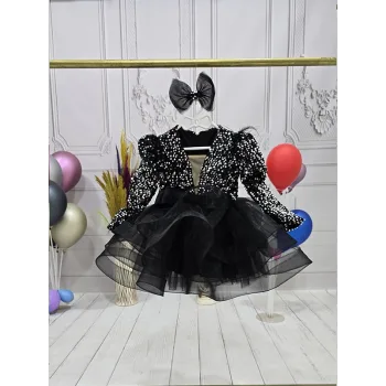 Kız Çocuk Siyah Payetli Dekolteli Uzun Kol Gren Etekli Kabarık Elbise