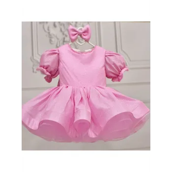 Kız Çocuk Şeker Pembesi Boncuk Detaylı Simli Gren Etekli Kısa Balon Kol Elbise