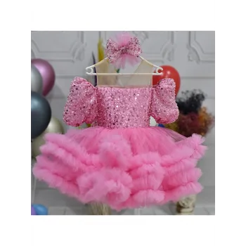 Kız Çocuk Taşlı Boncuklu Pembe Eteği Büzgülü Kabarık Elbise