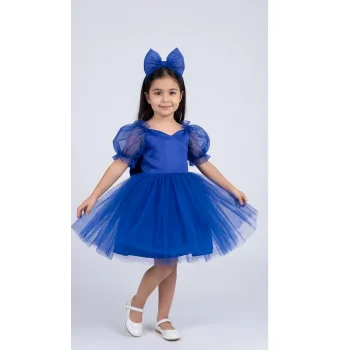 Kız Çocuk Saks Mavisi Kalp Detaylı Kısa Balon Kol Kabarık Elbise