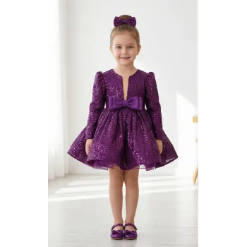 Kız Çocuk Mürdüm Payetli Ön Dekolteli Kol Tüy Detaylı Uzun Kol Kabarık Elbise