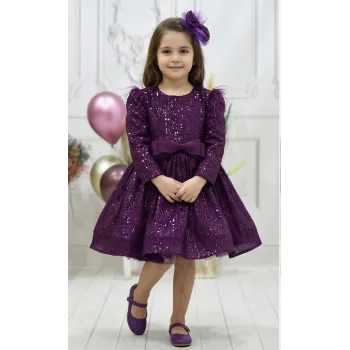 Kız Çocuk Mürdüm Payetli Omuz Tül Detaylı Kabarık Elbise