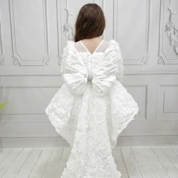 Beyaz Güllü + Kelebek seti Yaka Askılı Uzun Kol Elbise Abiye Gelinlik