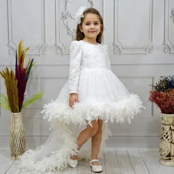 Beyaz Taşlı Boncuklu Kuyruklu Uzun Kol Elbise Abiye Gelinlik