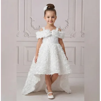 Beyaz Gül Desenli Madonna Yaka Askılı Kol Elbise Abiye