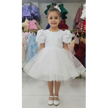 Beyaz Parıltılı Kısa Kol Arkası V Elbise abiye Gelinlik