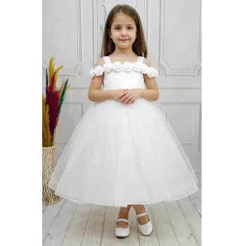 Kız Çocuk Beyaz Gül işleme Elbise Abiye Gelinlik