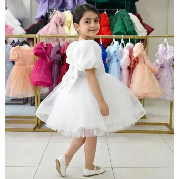 Beyaz Parıltılı Tütülü Kısa Kol Elbise Abiye Gelinlik